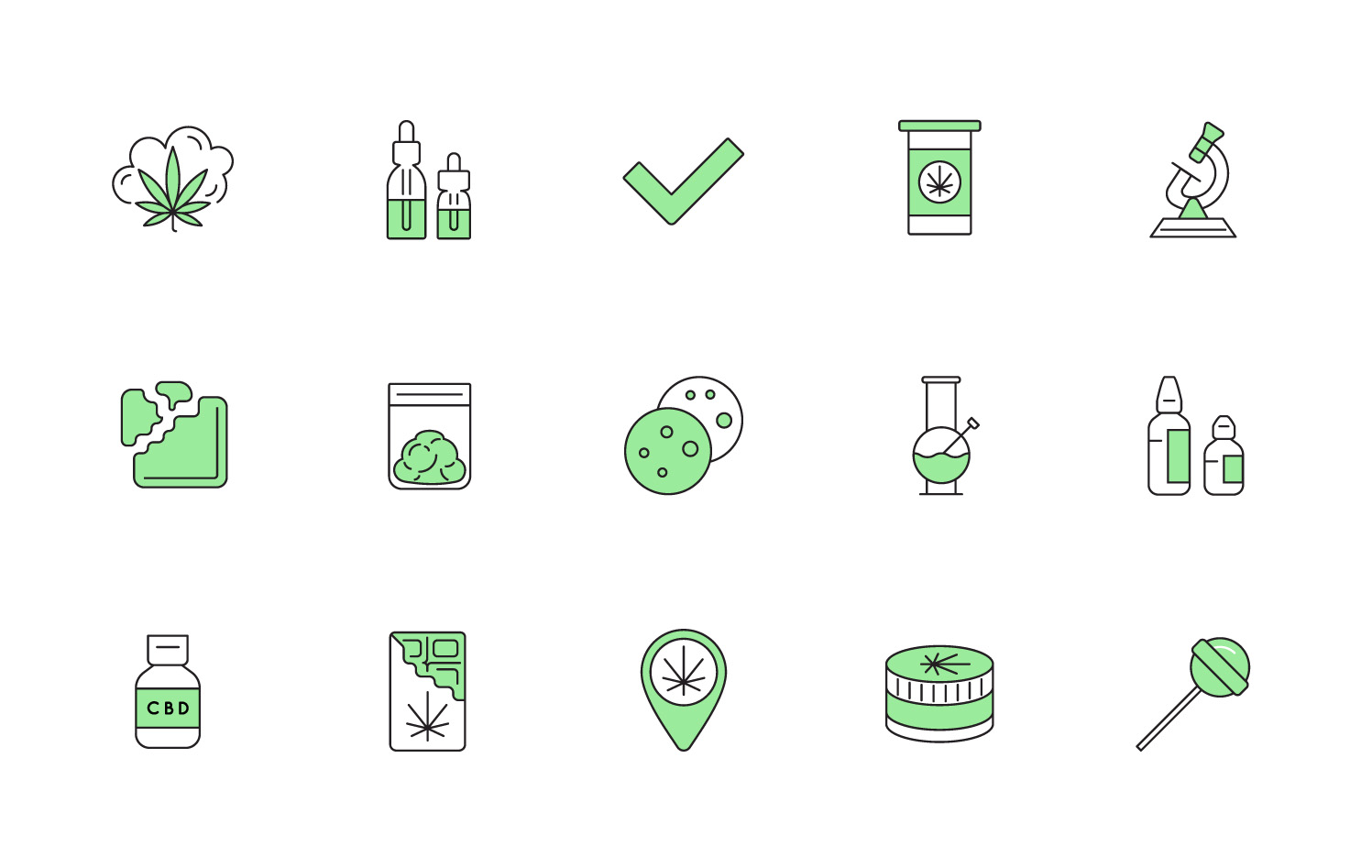 Cannabis Production and Shopping Product Icons, Growing. Vector.